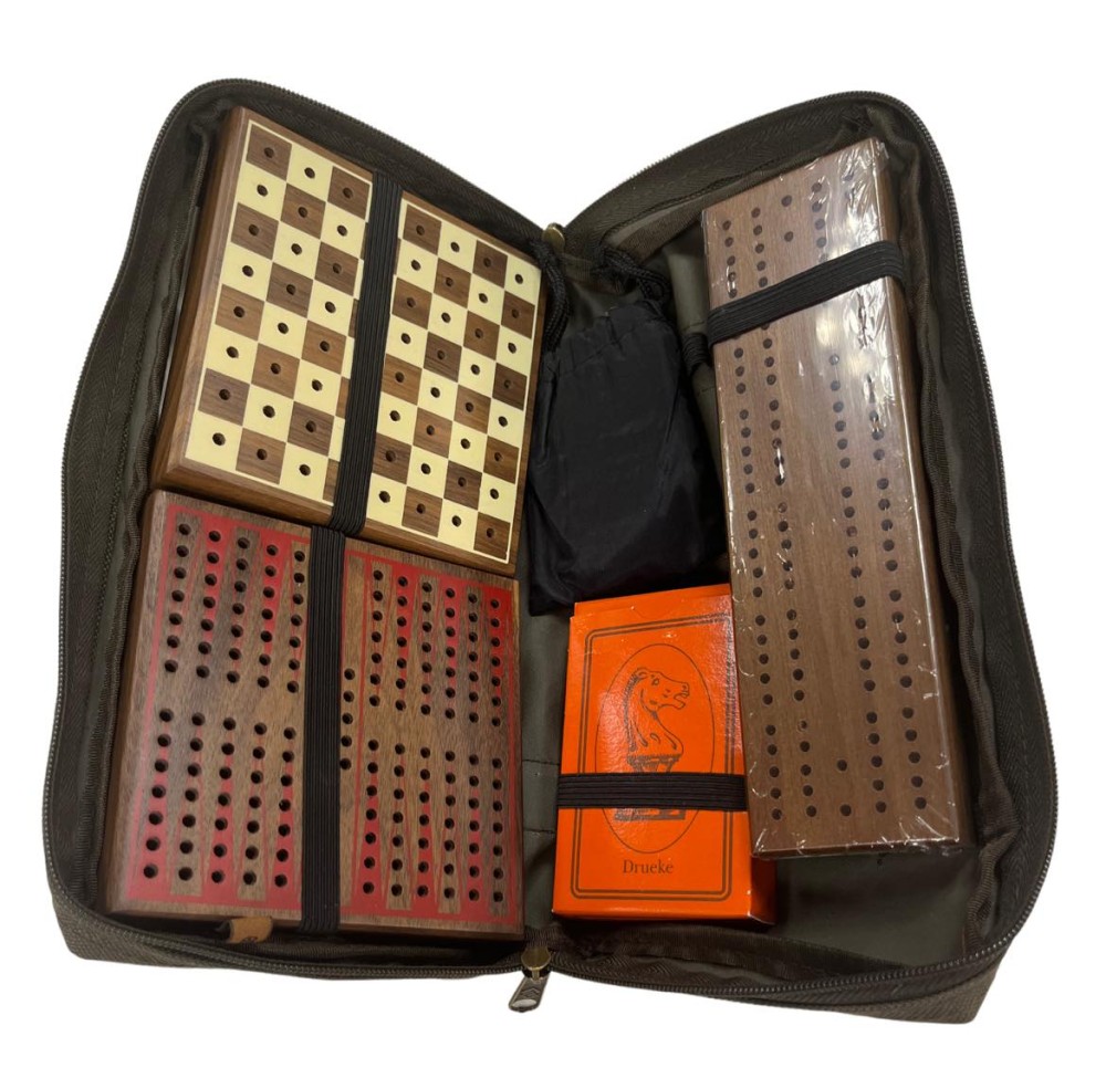 Drueke Travel Wood Walnut Chess Checkers Backgammon Cribbage