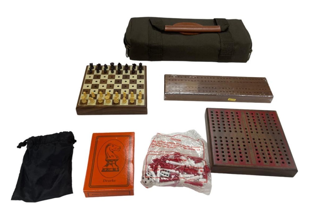 Drueke Travel Wood Walnut Chess Checkers Backgammon Cribbage