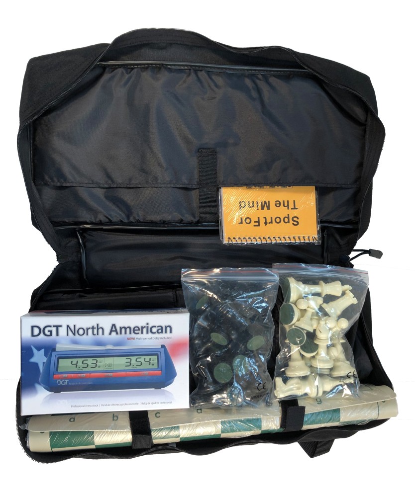 BACKPACK CLOCK COMBO: DGT NA Clock/Bag/Board/ Chess Set/Softcover