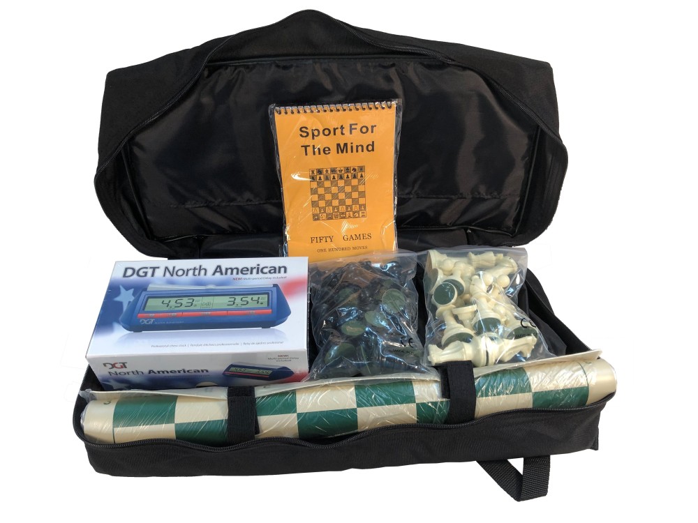 BACKPACK CLOCK COMBO: DGT NA Clock/Bag/Board/ Chess Set/Softcover