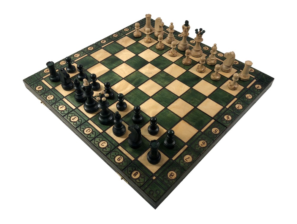 16" Senator Green Chess Set - Wood Folding Board - 3" King