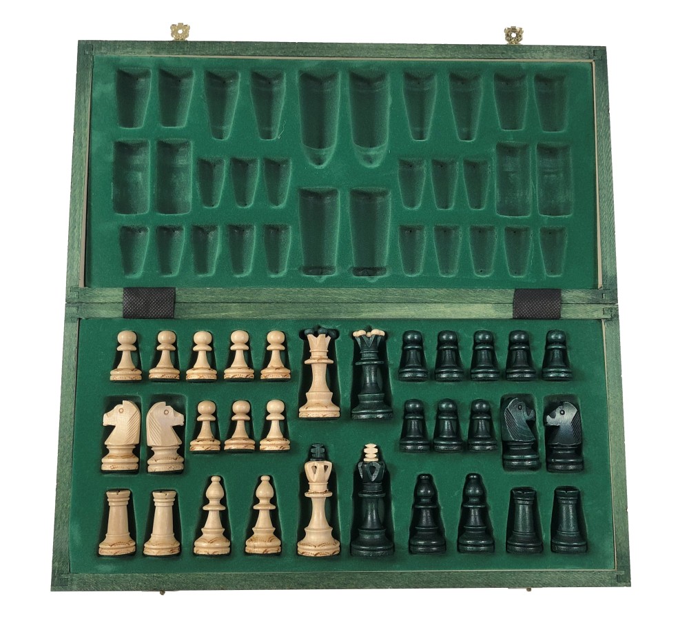 16" Senator Green Chess Set - Wood Folding Board - 3" King