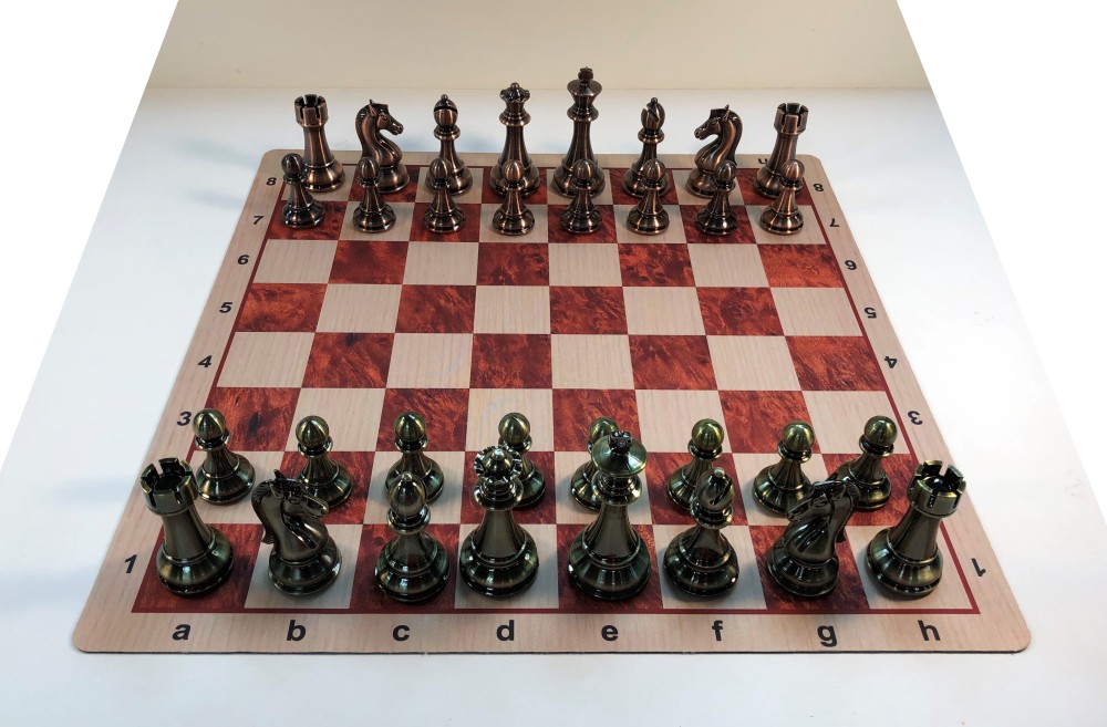 Copper/Brass Chess Set & Wood Grain Mousepad Floppy Board