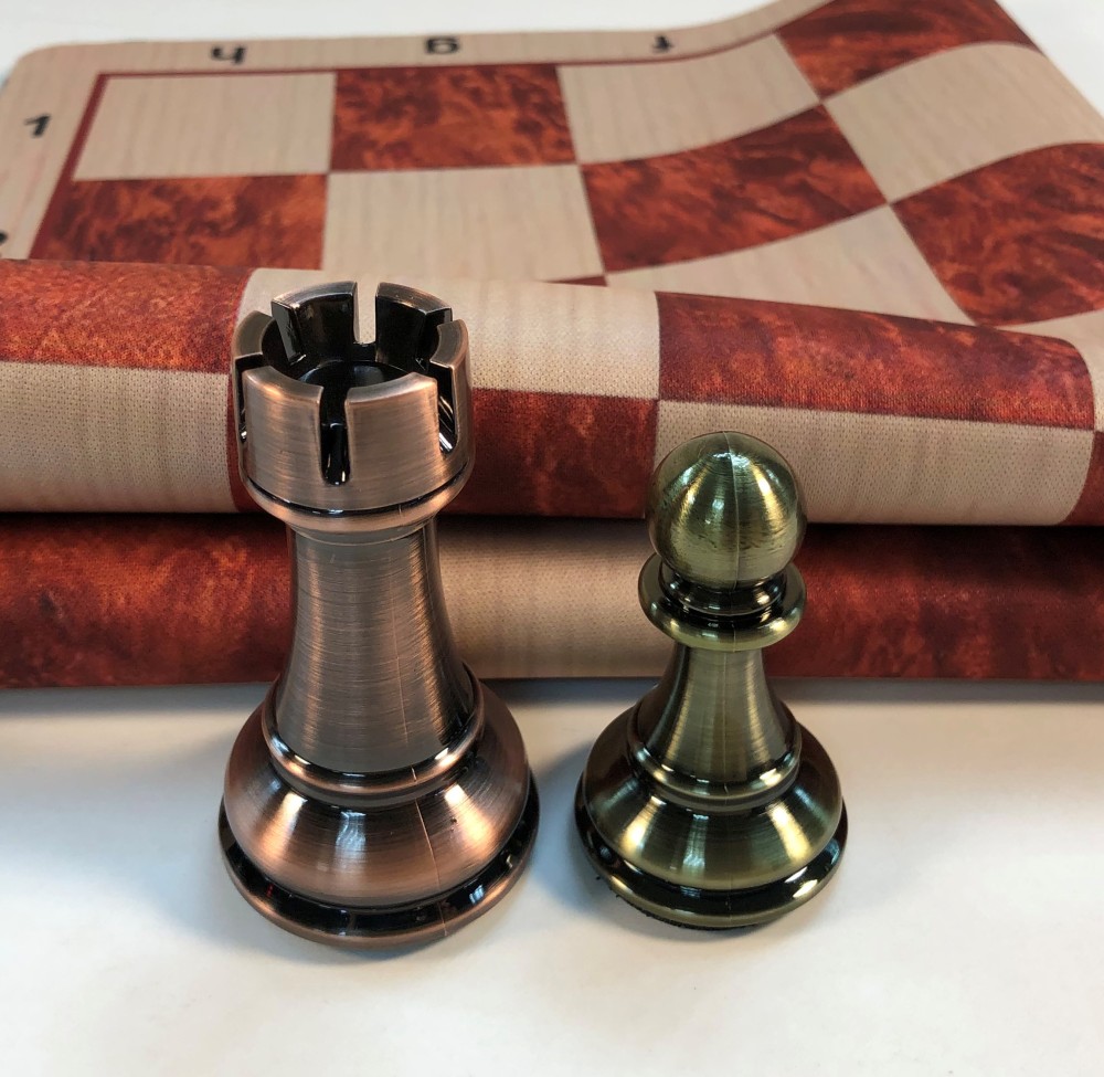 Copper/Brass Chess Set & Wood Grain Mousepad Floppy Board