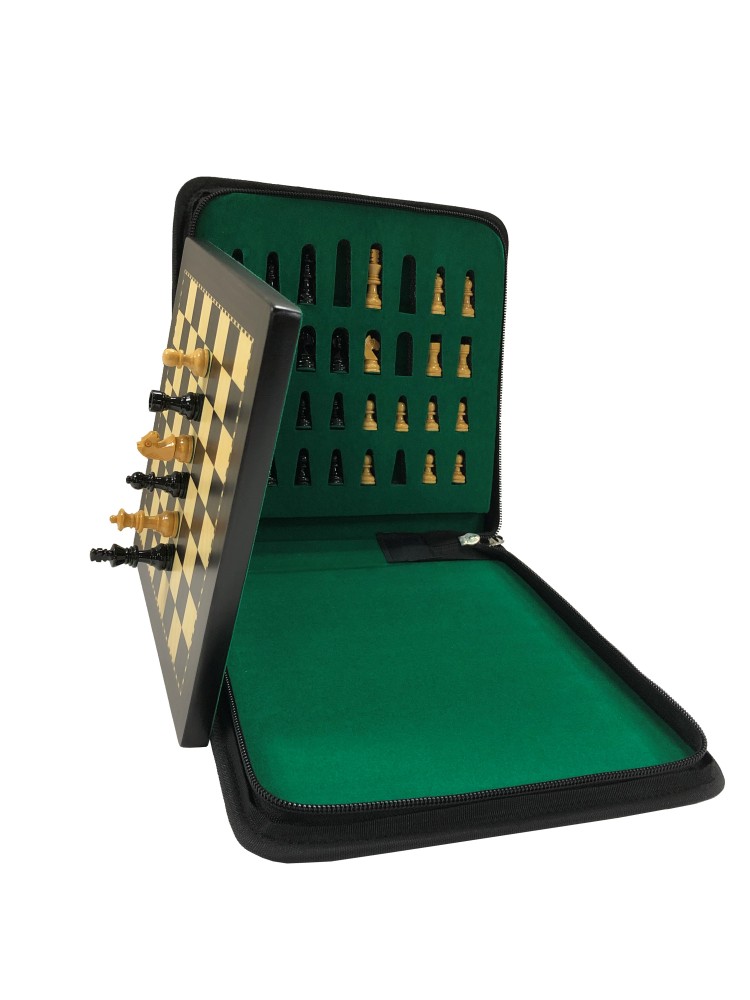 7 3/4 Ebonized Wood Magnetic Travel Chess Set & Storage Case