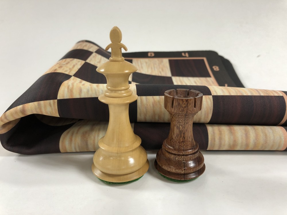 Fleur de lis Anjan Wood Weighted Chess Set  w/ Black Burl Floppy Board