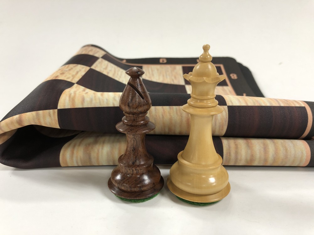 Fleur de lis Anjan Wood Weighted Chess Set  w/ Black Burl Floppy Board