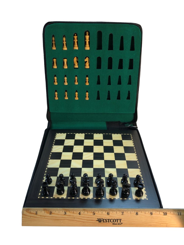 Medium 9 3/4 In Ebonized Wood Magnetic Travel Chess Set & Storage Case