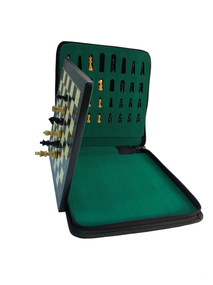Medium 9 3/4 In Ebonized Wood Magnetic Travel Chess Set & Storage Case