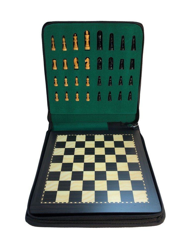 Medium 9 3/4 In Ebonized Wood Magnetic Travel Chess Set & Storage Case