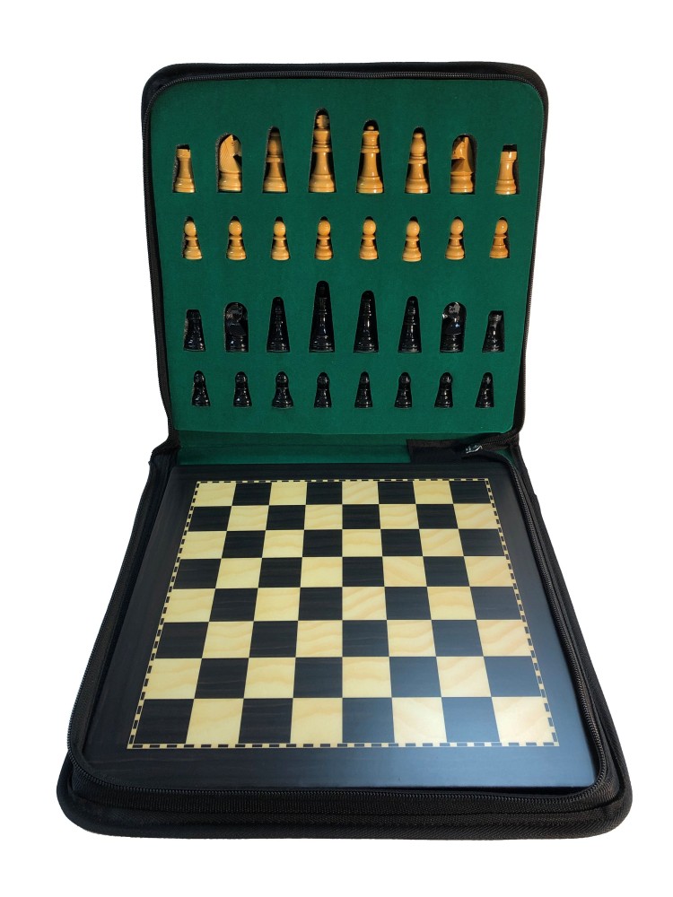 Large Ebonized Wood Magnetic Travel Chess Set - 11 3/4 x 11 3/4"