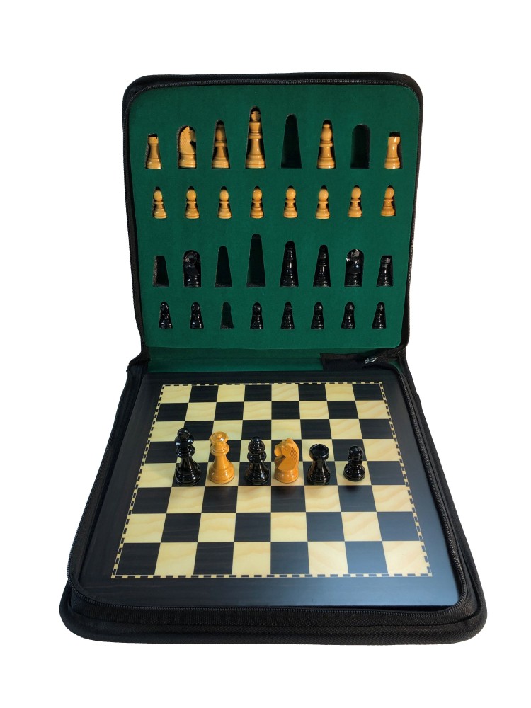 Large Ebonized Wood Magnetic Travel Chess Set - 11 3/4 x 11 3/4"