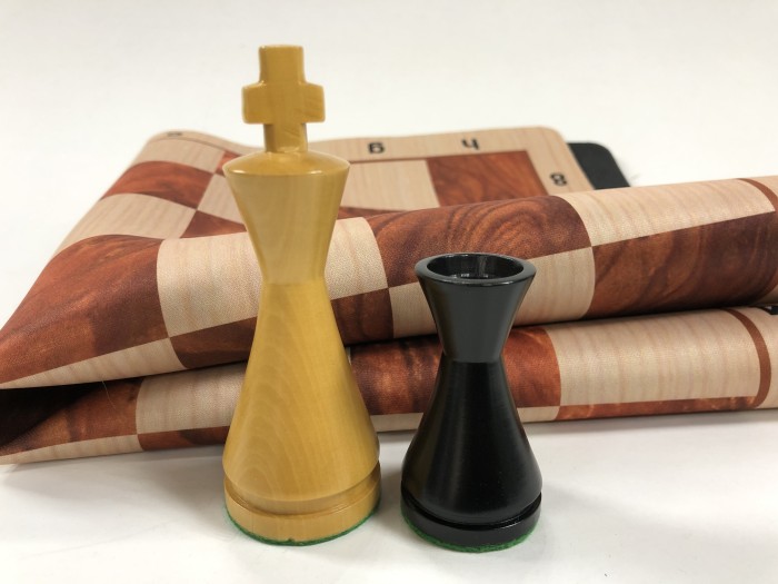 Modern Style Ebonized Wood Chess Set & Red Wood Grain Floppy Board