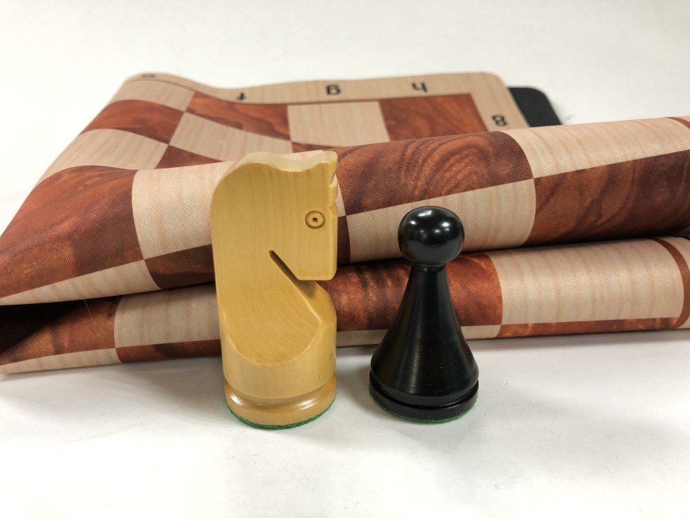 Modern Style Ebonized Wood Chess Set & Red Wood Grain Floppy Board