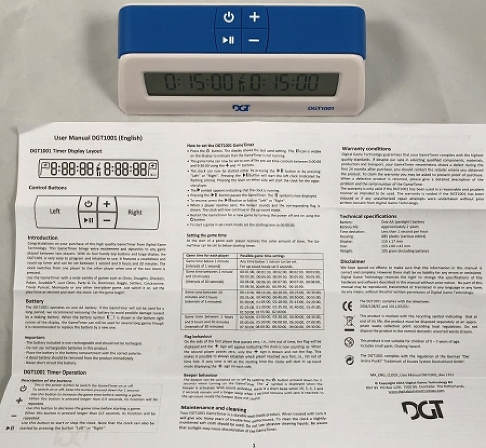 DGT 1001 Digital Chess Clock - White