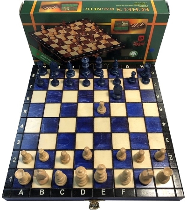 Blue 10 1/2 In Wood Magnetic Chess Set: Folding Board - 2 In King