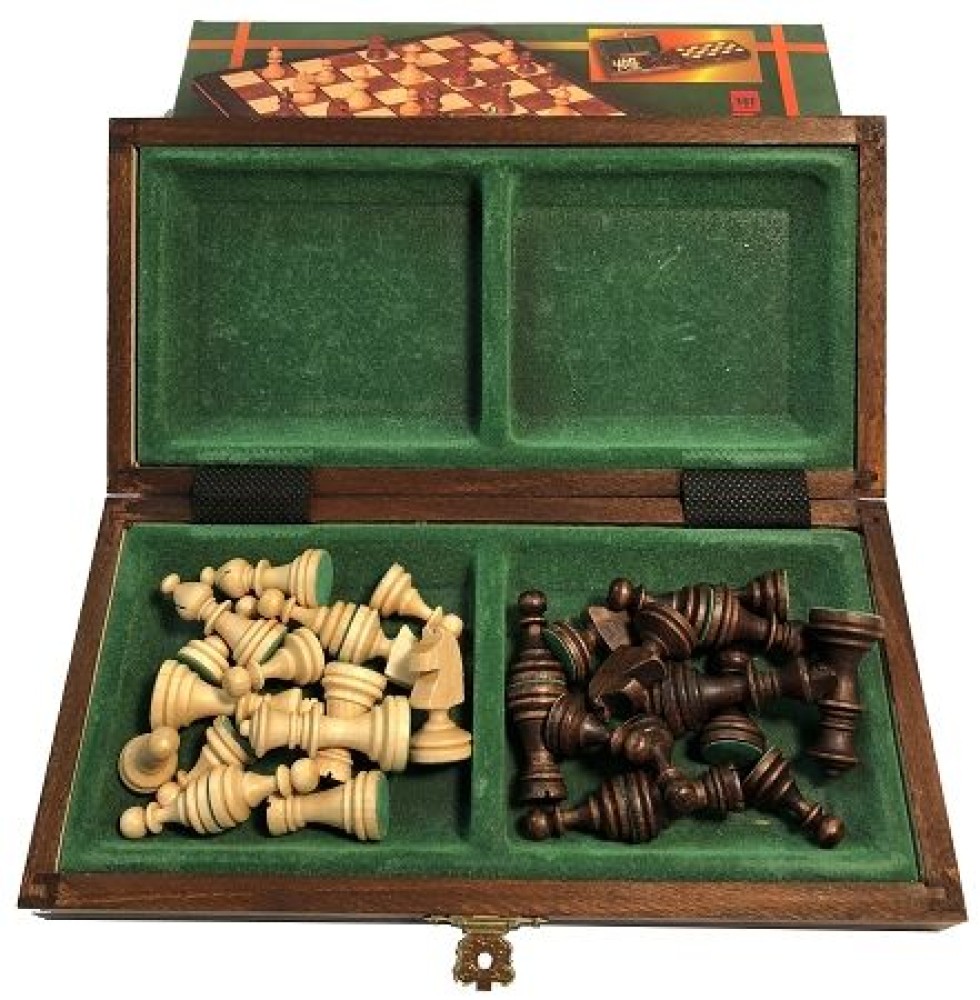 9 In Wood Travel Chess Set, Folding Board, 1 7/8" K - Magnetic
