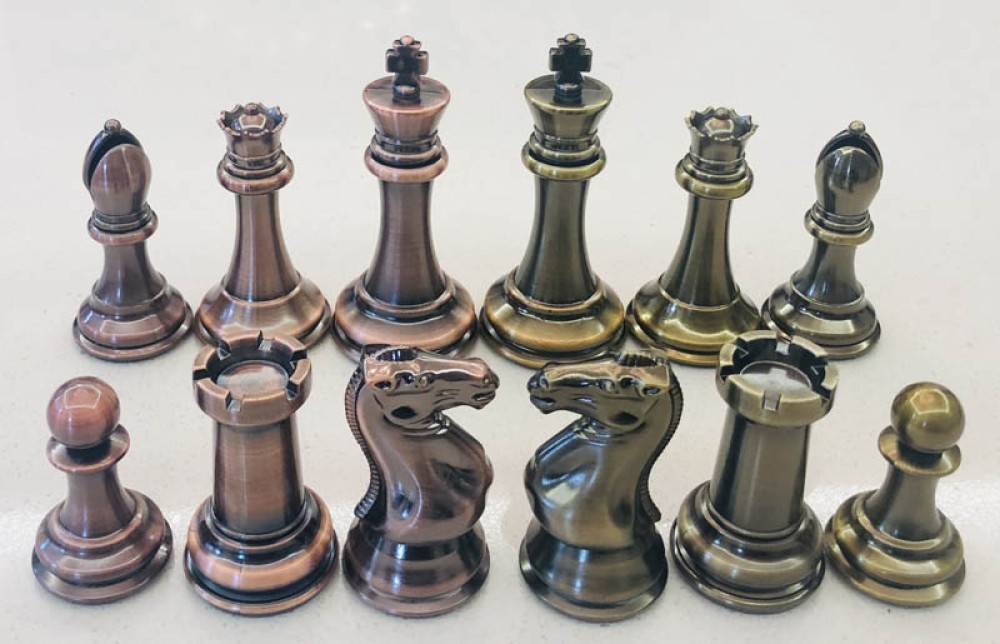 Copper & Brass Satin Finish Chess Set - 4X Weight, 4.25 in. King