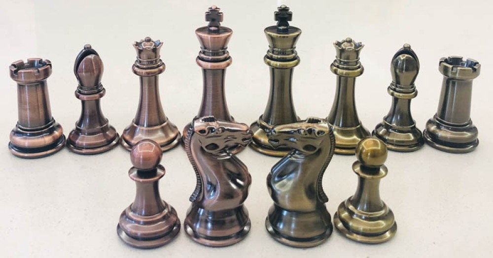 Copper & Brass Satin Finish Chess Set - 4X Weight, 4.25 in. King